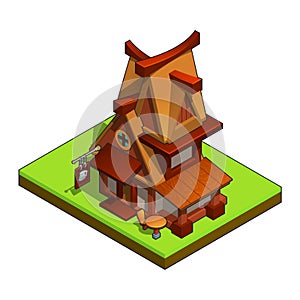 Isometric medieval house on white background.
