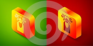 Isometric Medusa Gorgon head with snakes greek icon isolated on green and red background. Square button. Vector