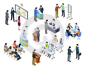 Isometric meeting. Business people on presentation conference. Team work process at table. 3d businessmen training