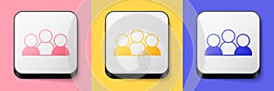 Isometric Meeting icon isolated on pink, yellow and blue background. Business team meeting, discussion concept, analysis