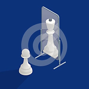 Isometric megalomania concept. The pawn sees itself in the mirror as a queen. Vanity, selfishness