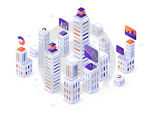 Isometric megalopolis infographic. City buildings, futuristic urban and town business office district metrics 3d vector