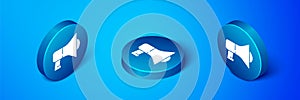 Isometric Megaphone icon isolated on blue background. Speaker sign. Blue circle button. Vector