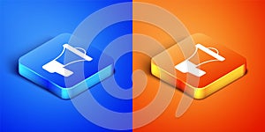 Isometric Megaphone icon isolated on blue and orange background. Speaker sign. Square button. Vector