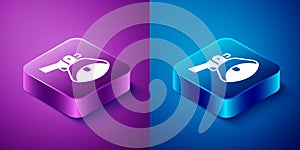 Isometric Megaphone icon isolated on blue and purple background. Speaker sign. Square button. Vector