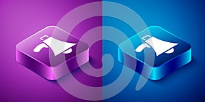 Isometric Megaphone icon isolated on blue and purple background. Speaker sign. Square button. Vector