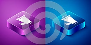 Isometric Megaphone icon isolated on blue and purple background. Speaker sign. Square button. Vector