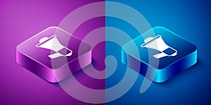 Isometric Megaphone icon isolated on blue and purple background. Speaker sign. Square button. Vector