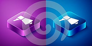 Isometric Megaphone icon isolated on blue and purple background. Speaker sign. Square button. Vector Illustration