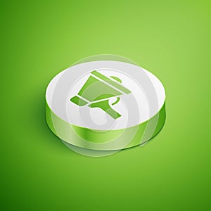 Isometric Megaphone icon isolated on green background. Speaker sign. White circle button. Vector