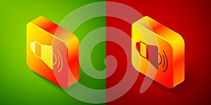 Isometric Megaphone icon isolated on green and red background. Speaker sign. Square button. Vector