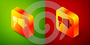 Isometric Megaphone icon isolated on green and red background. Speaker sign. Square button. Vector Illustration