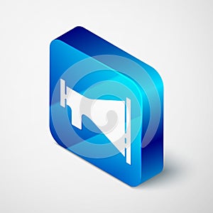 Isometric Megaphone icon isolated on grey background. Speaker sign. Blue square button. Vector