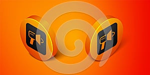 Isometric Megaphone icon isolated on orange background. Speaker sign. Orange circle button. Vector