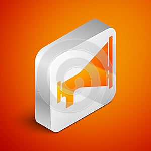 Isometric Megaphone icon isolated on orange background. Speaker sign. Silver square button. Vector