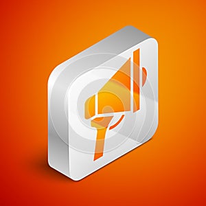 Isometric Megaphone icon isolated on orange background. Speaker sign. Silver square button. Vector