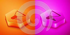 Isometric Megaphone icon isolated on orange and pink background. Speaker sign. Hexagon button. Vector