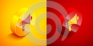 Isometric Megaphone icon isolated on orange and red background. Speaker sign. Circle button. Vector