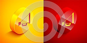 Isometric Megaphone icon isolated on orange and red background. Speaker sign. Circle button. Vector