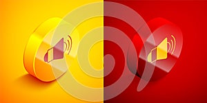 Isometric Megaphone icon isolated on orange and red background. Speaker sign. Circle button. Vector
