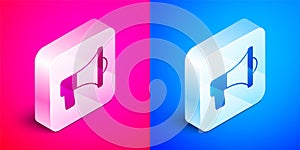 Isometric Megaphone icon isolated on pink and blue background. Speaker sign. Silver square button. Vector