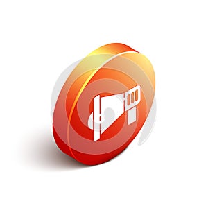 Isometric Megaphone icon isolated on white background. Speaker sign. Orange circle button. Vector Illustration