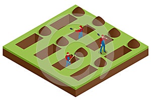 Isometric men digging holes in a cemetery. A man was digging the ground in the cemetery for a funeral event isolated on