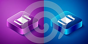 Isometric Metal beer keg icon isolated on blue and purple background. Square button. Vector