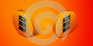 Isometric Metal beer keg icon isolated on orange background. Orange circle button. Vector