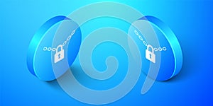 Isometric Metal chain and lock icon isolated on blue background. Padlock and steel chain. Blue circle button. Vector