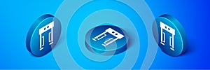Isometric Metal detector icon isolated on blue background. Airport security guard on metal detector check point. Blue