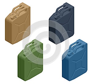 Isometric Metal Fuel Container Jerrycans. Canister for Gasoline, Diesel Gas. Fire Resistant Storage Tank.