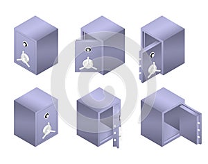 Isometric metal safe with opened and closed door. Armored box vector illustration.