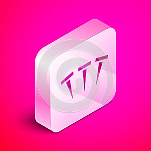 Isometric Metallic nails icon isolated on pink background. Silver square button. Vector.