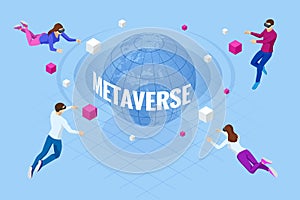 Isometric metaverse concept. Network of 3D virtual worlds focused on social connection. Internet as a single, universal