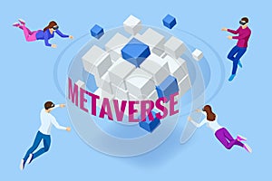 Isometric metaverse concept. Network of 3D virtual worlds focused on social connection. Internet as a single, universal
