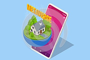 Isometric metaverse concept. Network of 3D virtual worlds focused on social connection. Internet as a single, universal