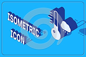Isometric Meteorology thermometer measuring icon isolated on blue background. Thermometer equipment showing hot or cold