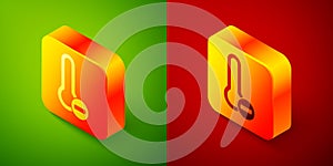 Isometric Meteorology thermometer measuring icon isolated on green and red background. Thermometer equipment showing hot