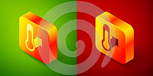 Isometric Meteorology thermometer measuring icon isolated on green and red background. Thermometer equipment showing hot