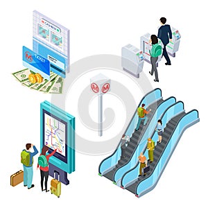 Isometric metro elements. Subway escalator, turnstile, info desk with people. 3d underground