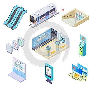 Isometric metro elements. Subway train, station platform and escalator, turnstile and underground tunnel. 3d subway