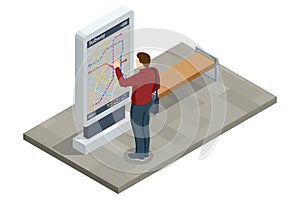 Isometric metro or subway map. Underground way. Fictional metro map. Subway station platform. High speed train.