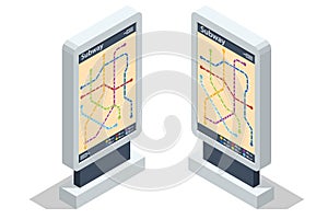Isometric metro or subway map. Underground way. Fictional metro map. Subway station platform. High speed train.