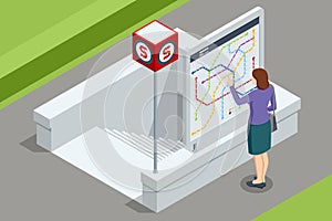 Isometric metro or subway map. Underground way. Fictional metro map. Subway station platform. High speed train.