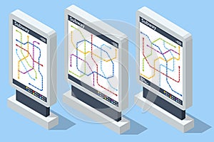 Isometric metro or subway map. Underground way. Fictional metro map. Subway station platform. High speed train.