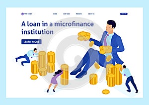 Isometric microfinance organization, big businessman holding a lot of money. Website Template Landing page