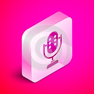 Isometric Microphone icon isolated on pink background. On air radio mic microphone. Speaker sign. Silver square button