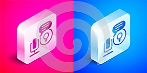 Isometric Microphone icon isolated on pink and blue background. On air radio mic microphone. Speaker sign. Silver square