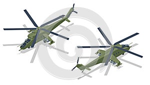 Isometric Mil Mi-24 large helicopter gunship, attack helicopter and low-capacity troop transport. Attack helicopter with